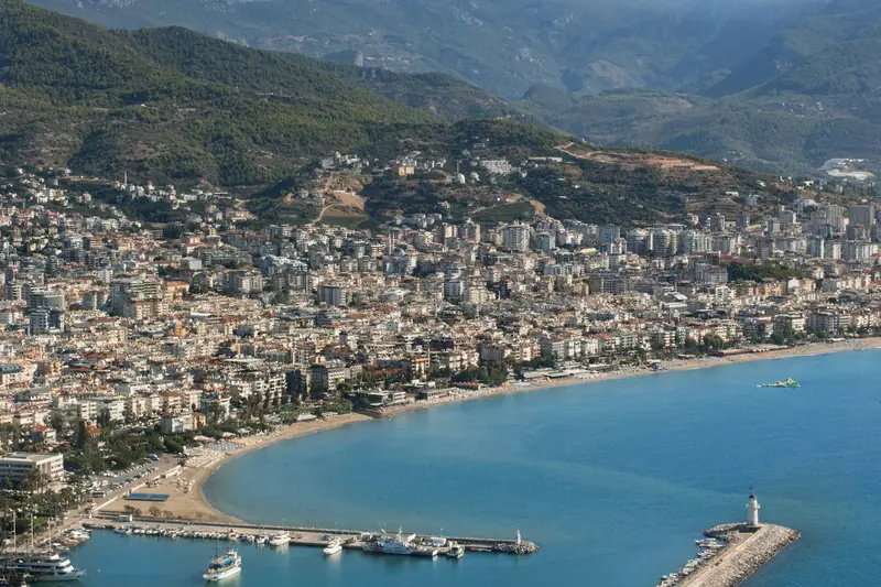A panorama of Alanya's harbour and the town on the Mediterranean