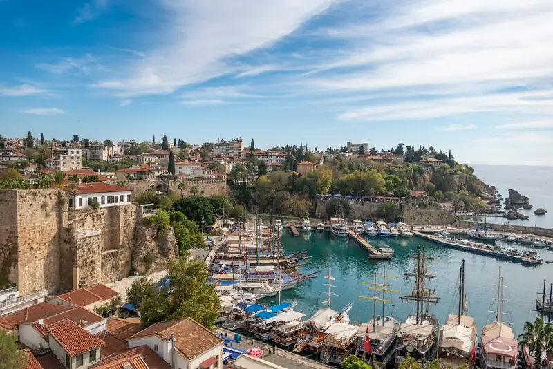 Antalya's old harbour, boats and red-tiled houses
